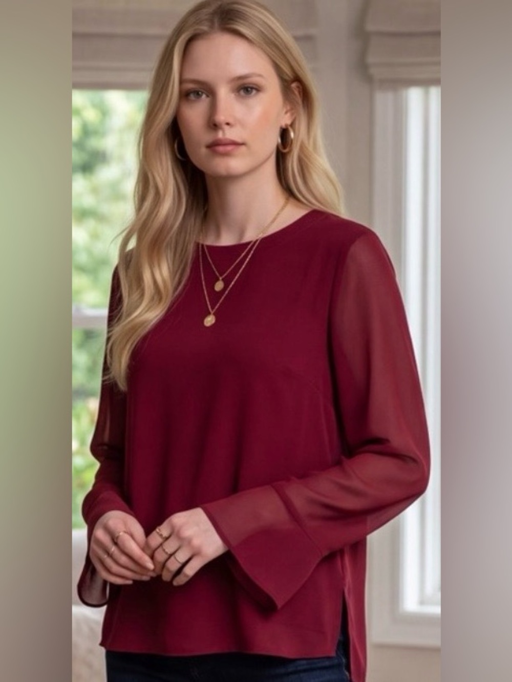 Jade Melody Tan Blouse Long Sleeves in vibrant Crimson Red